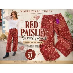 Red Paisley Barrel Jeans XL Boho Western Printed Denim Trendy NWT